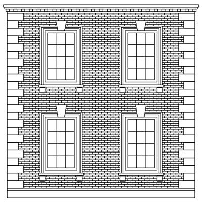 A finished card model of a two-storey building front with window and stonework details