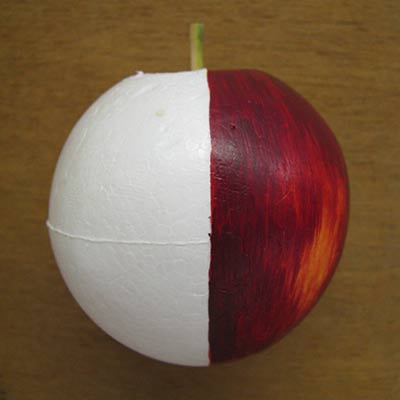 A finished foam apple painted dark red with a green stalk