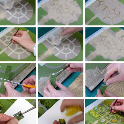 The materials for the formal garden laid out, including flock, textures, hedging, trees and glues