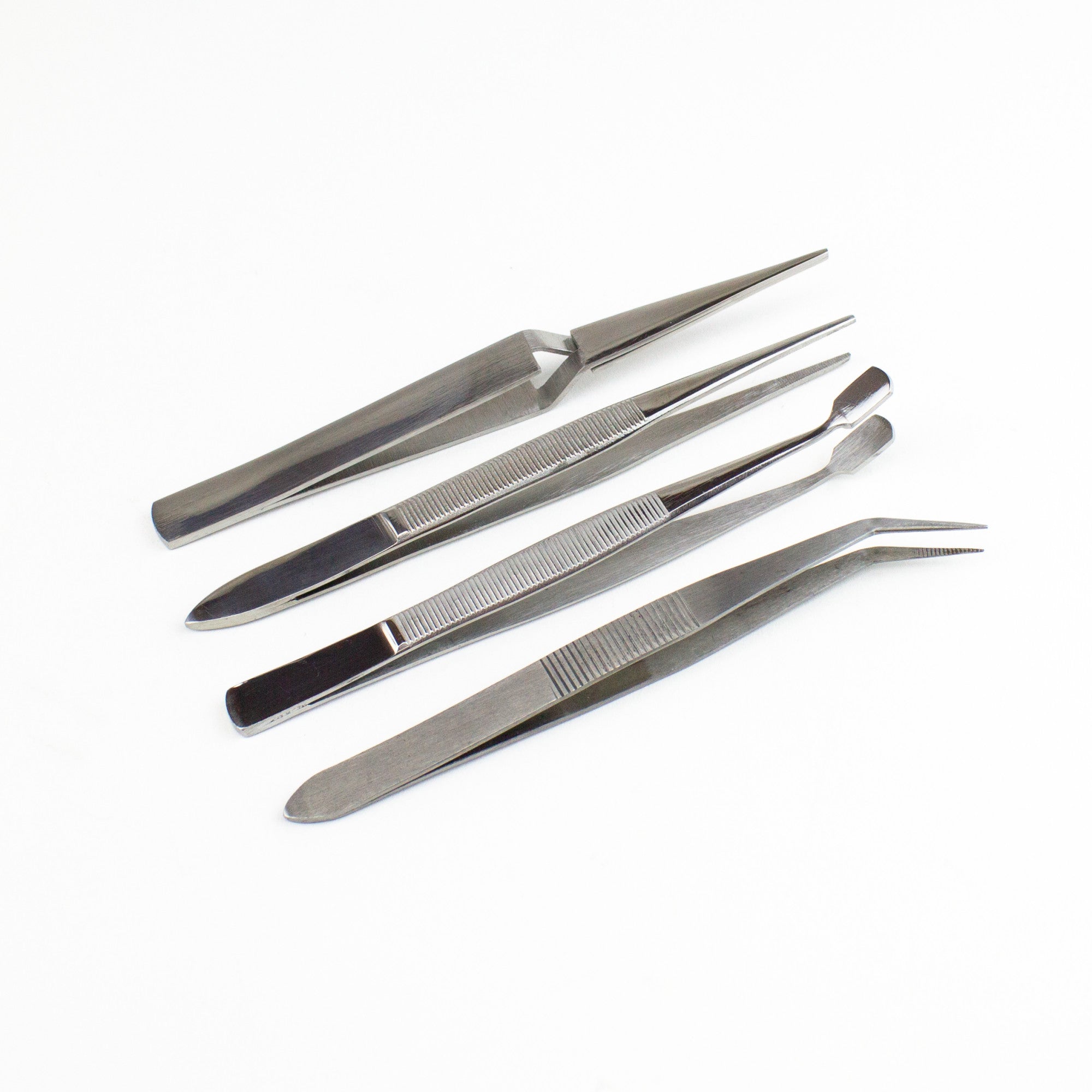 4-Piece Stainless Steel Tweezer Set with Pointed, Self Closing, Stamp, Curved (4 pcs) (Pouch)