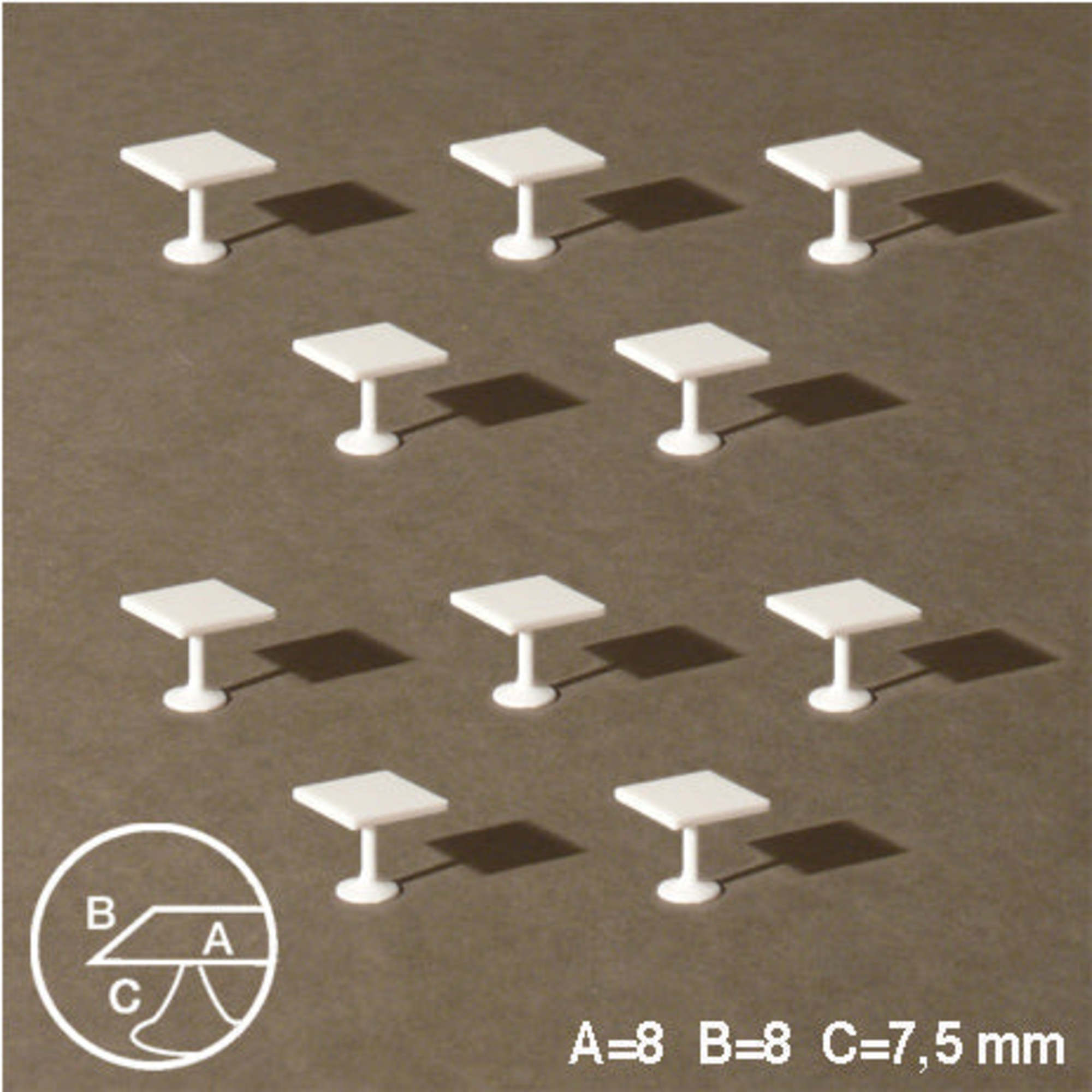 Square Tables Central Leg White 1:100 H = 7.5mm 8 x 8mm (10 pcs)