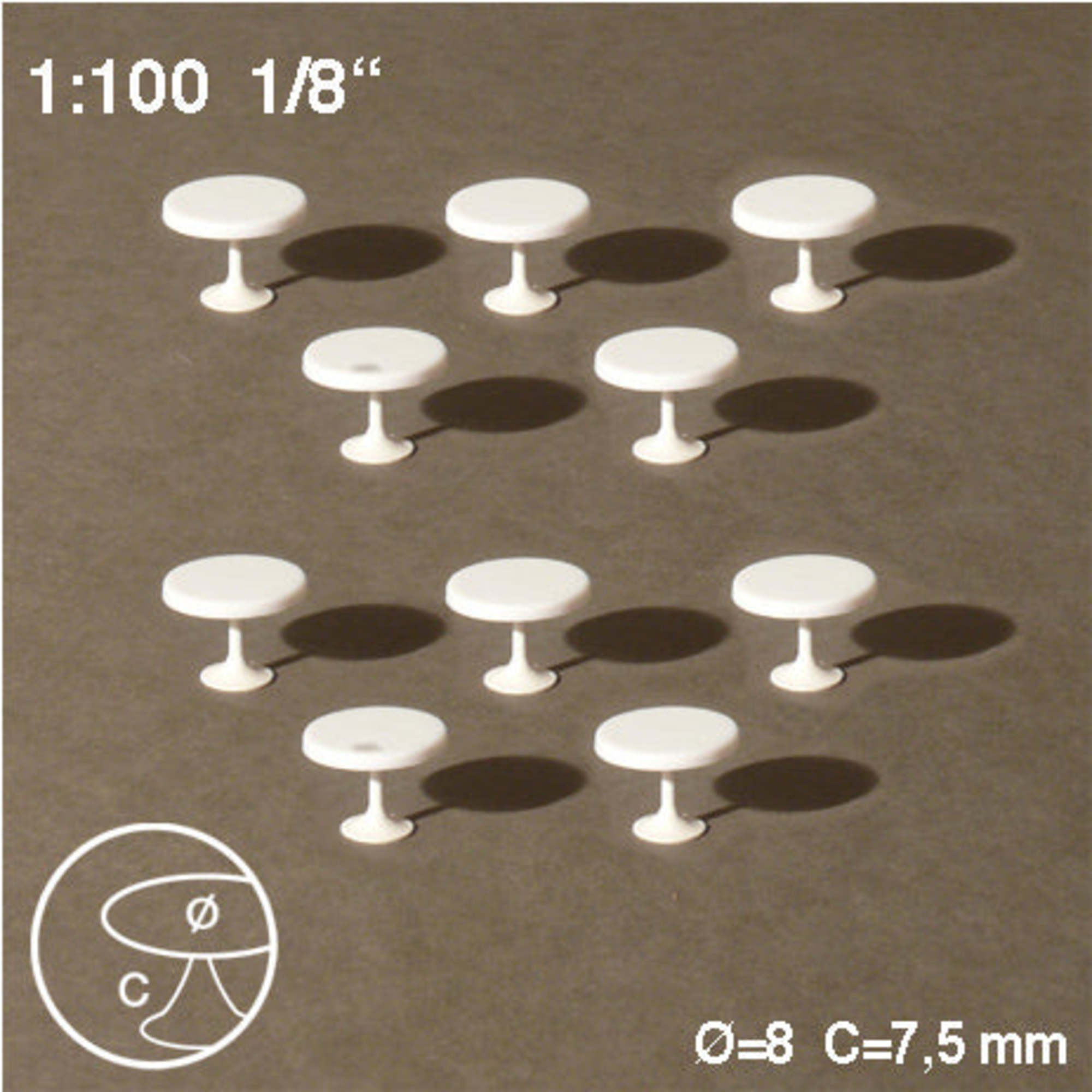 Round Tables Central Leg White 1:100 H = 7.5mm D = 8mm (10 pcs)