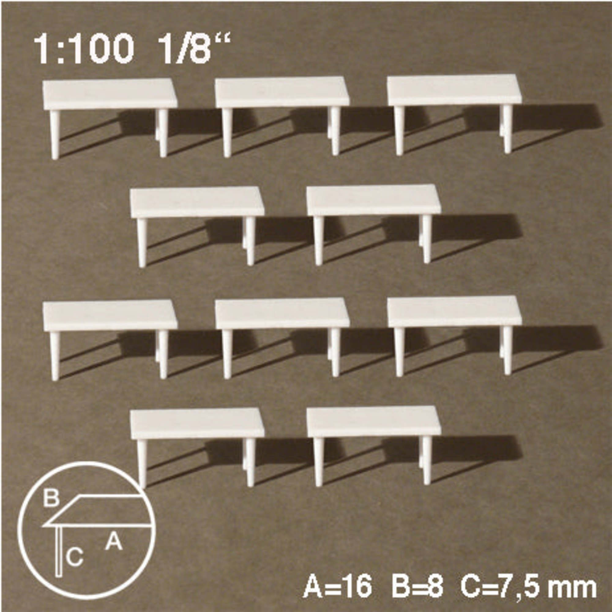 Rectangular Tables White 1:100 H = 7.5mm 16 x 8mm (10 pcs)