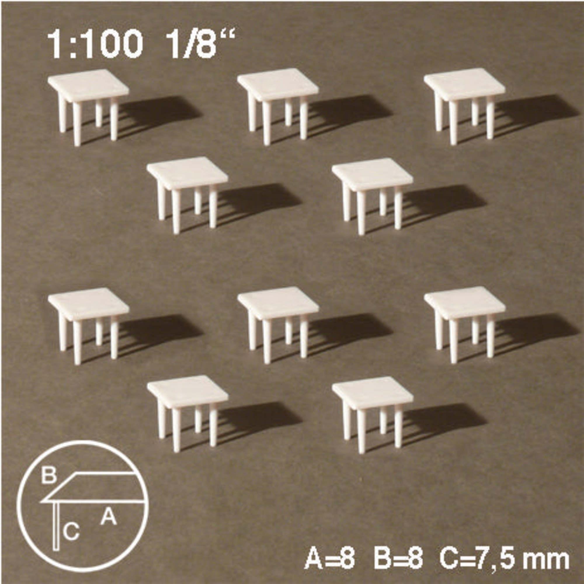 Square Tables White 1:100 H = 7.5mm 8 x 8mm (10 pcs)