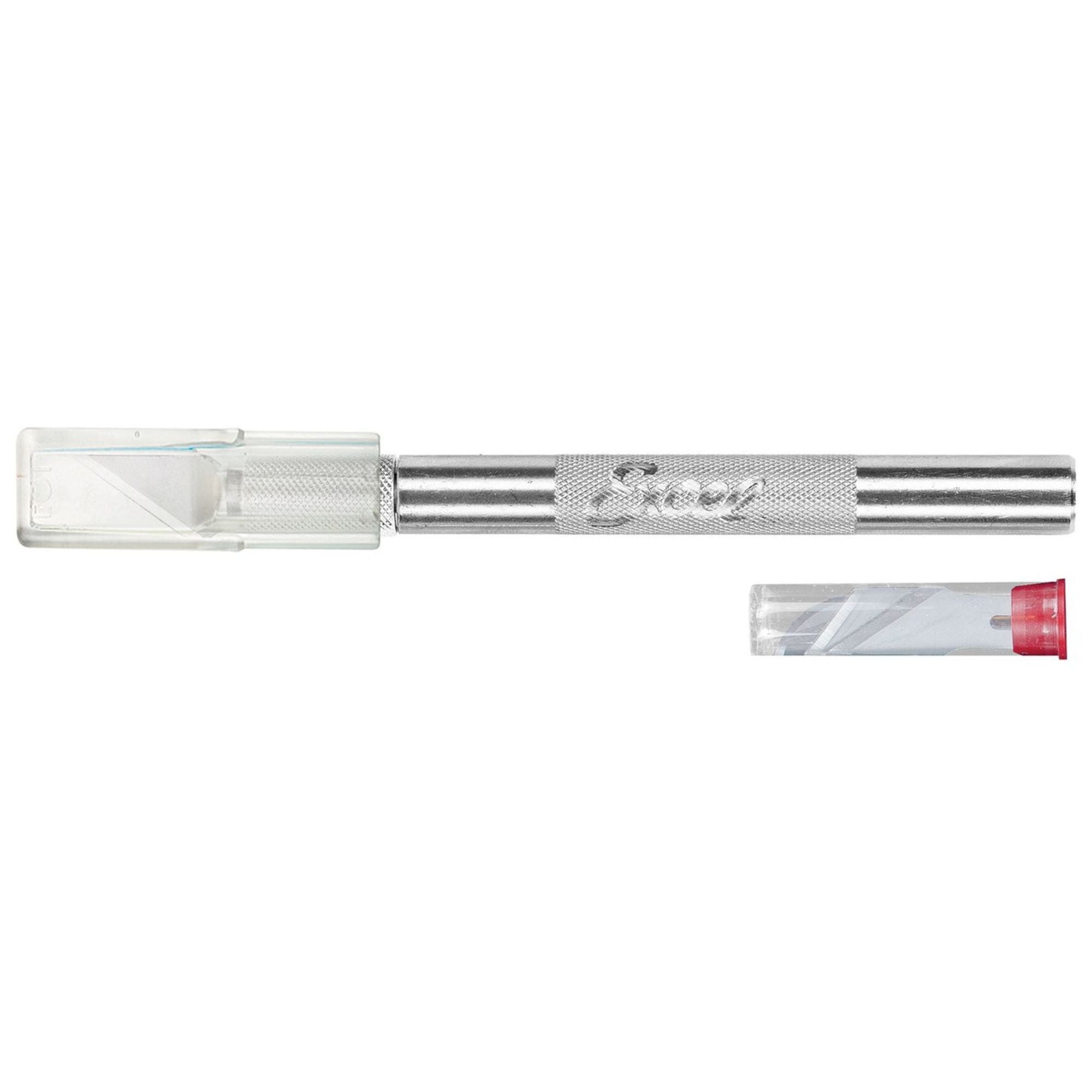 EXL19002 [file:EXL19002-1.jpg] K2 Knife, Medium Duty Round Aluminium with Safety Cap, 5x Assorted Blades (Carded)