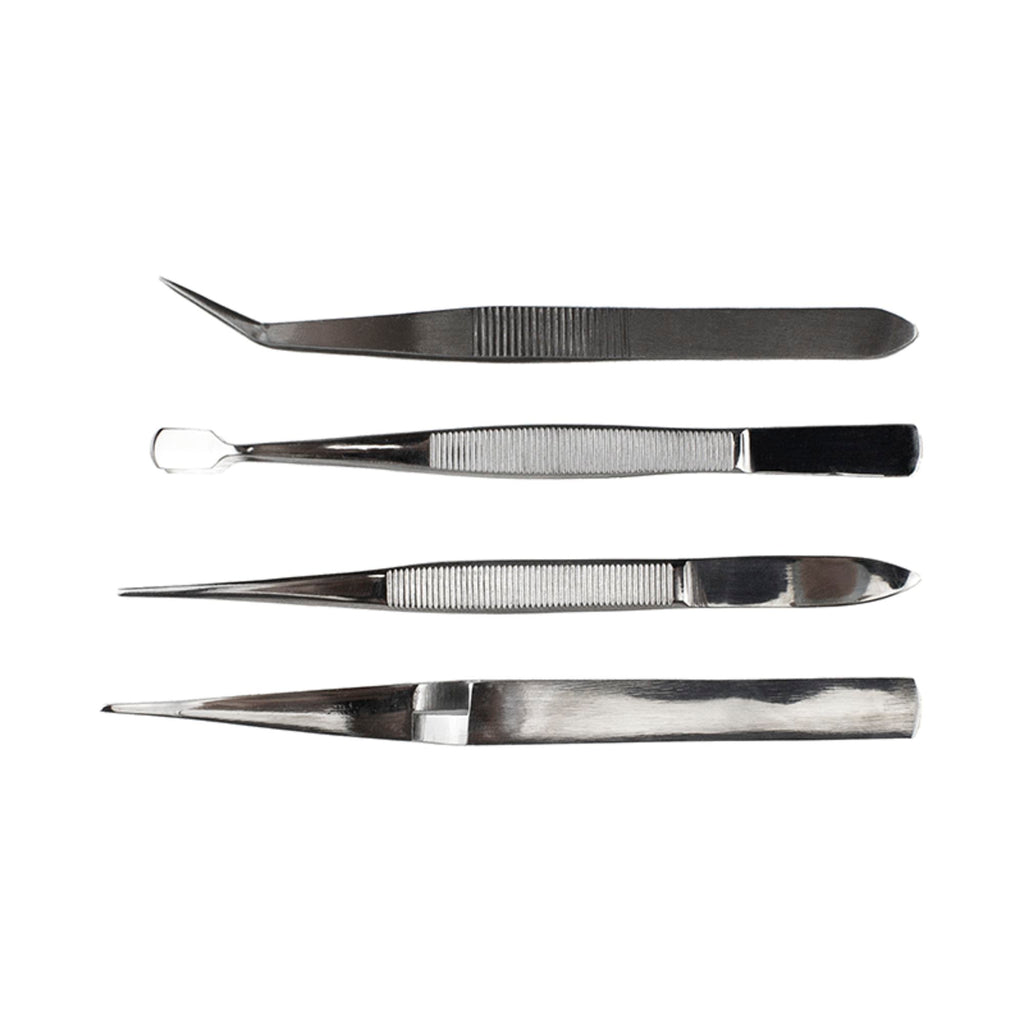 EXL30416-1 4-Piece Stainless Steel Tweezer Set with Pointed, Self Closing, Stamp, Curved (4 pcs) (Pouch)