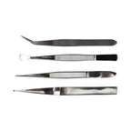 EXL30416 [file:EXL30416-1.jpg] 4-Piece Stainless Steel Tweezer Set with Pointed, Self Closing, Stamp, Curved (4 pcs) (Pouch)