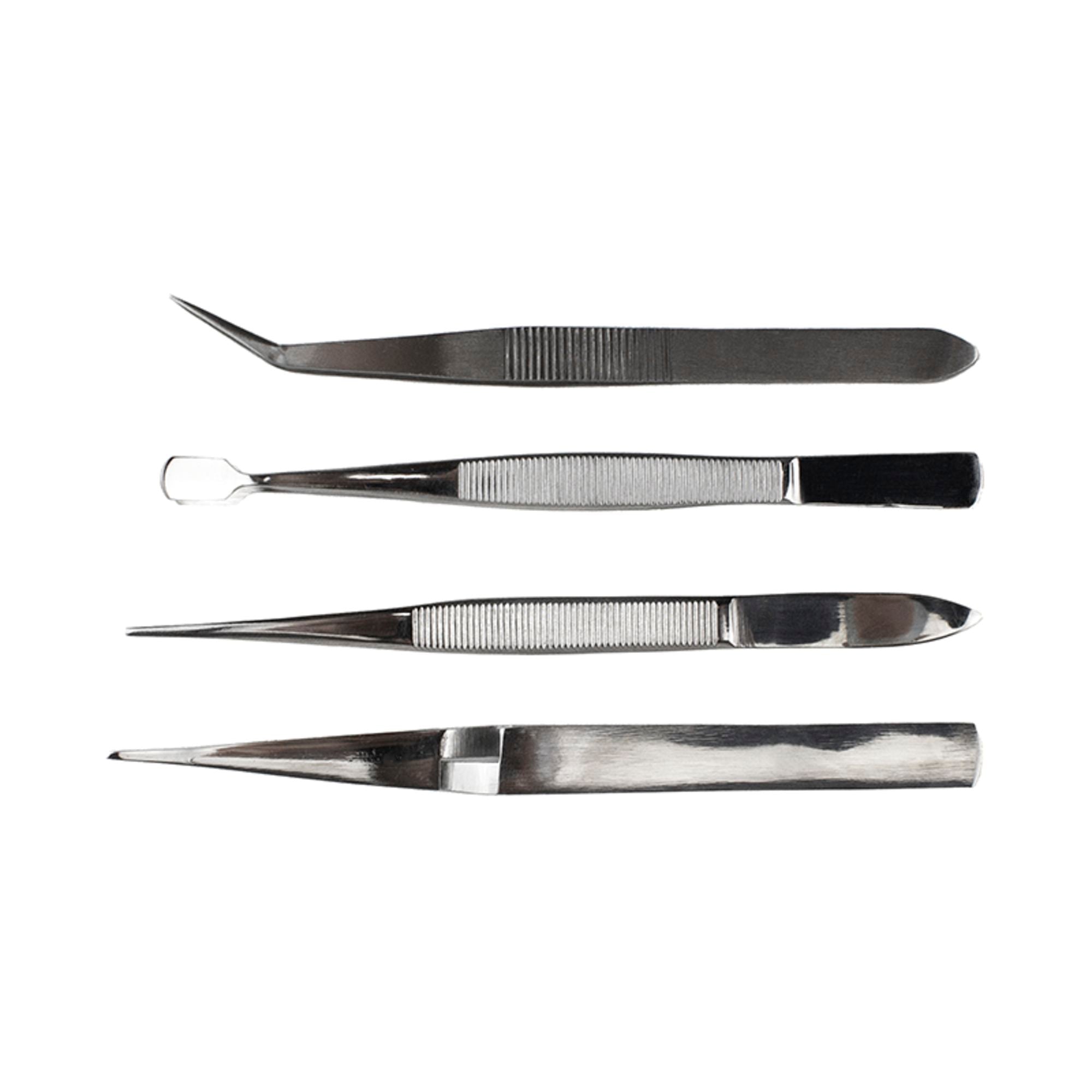 EXL30416-1 [file:EXL30416-1.jpg] 4-Piece Stainless Steel Tweezer Set with Pointed, Self Closing, Stamp, Curved (4 pcs) (Pouch)