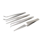 EXL30416-3 [file:EXL30416-3.jpg] 4-Piece Stainless Steel Tweezer Set with Pointed, Self Closing, Stamp, Curved (4 pcs) (Pouch)