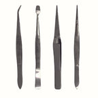 EXL30416-4 [file:EXL30416-4.jpg] 4-Piece Stainless Steel Tweezer Set with Pointed, Self Closing, Stamp, Curved (4 pcs) (Pouch)