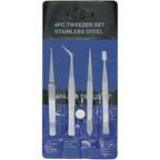 EXL30416-5 [file:EXL30416-5.jpg] 4-Piece Stainless Steel Tweezer Set with Pointed, Self Closing, Stamp, Curved (4 pcs) (Pouch)