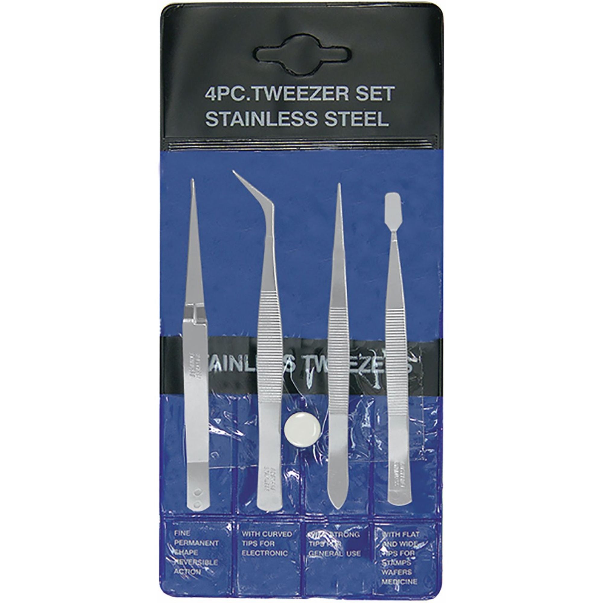 EXL30416-5 4-Piece Stainless Steel Tweezer Set with Pointed, Self Closing, Stamp, Curved (4 pcs) (Pouch)