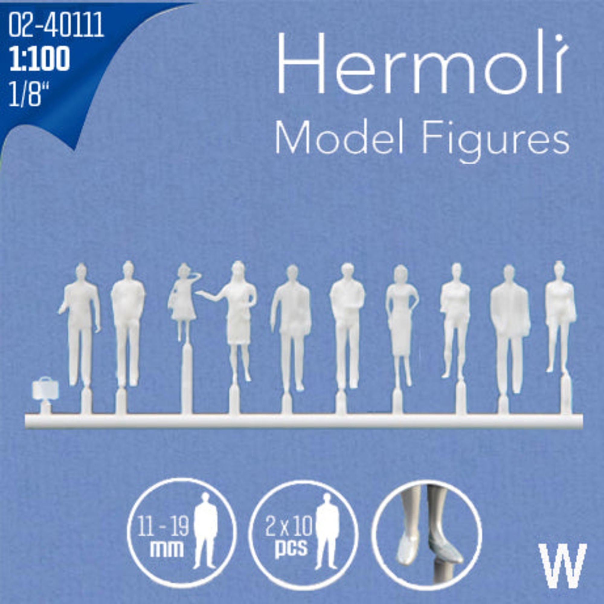 SCZ02-40111-180 [file:SCZ02-40111-180-1.jpg] Hermoli Standing Figures White 1:100 Maxi-Pack 10 Types 180 Figures H = 18mm (180 pcs)