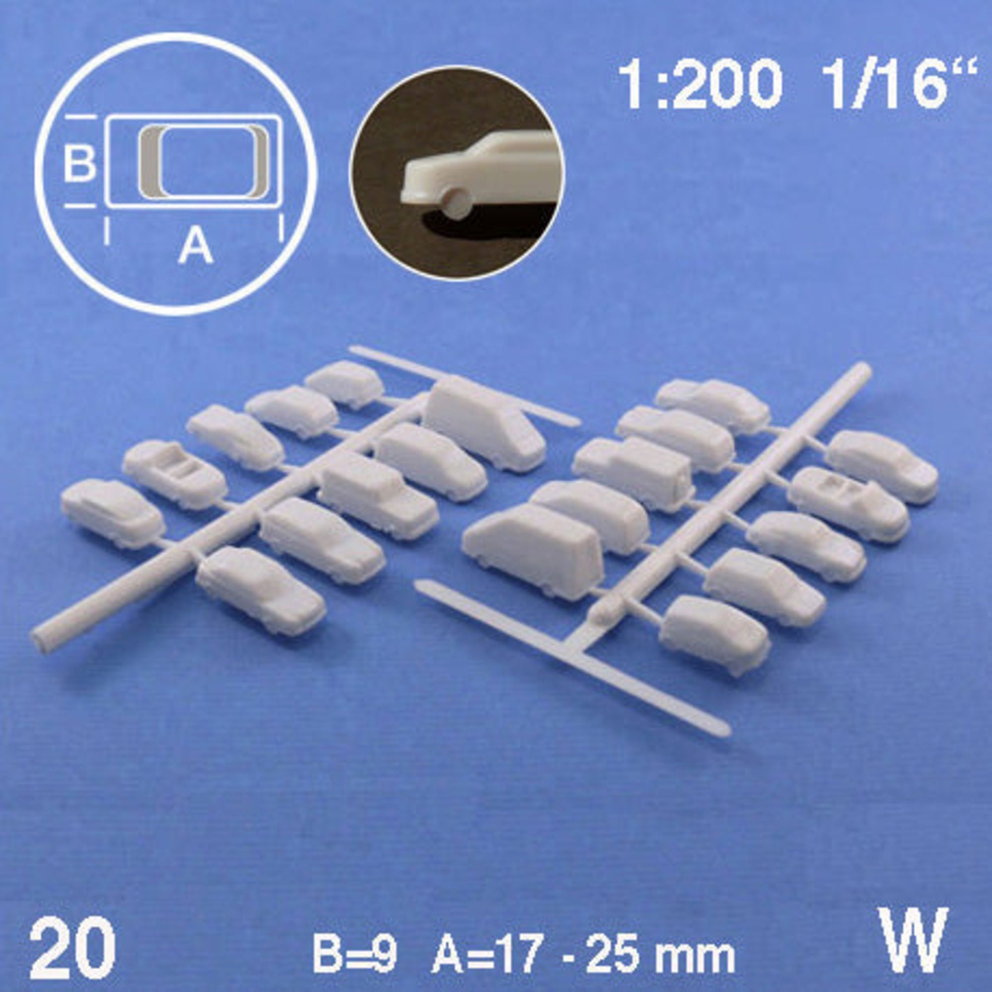 SCZ03-30301-20 [file:SCZ03-30301-20-1.jpg] Cars Assorted 10 Types, White 1:200 W = 9mm L = 17-25mm (20 pcs)