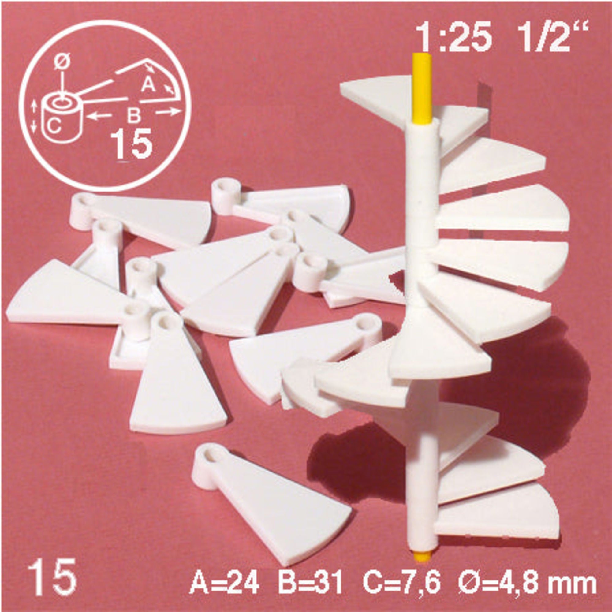 SCZ08-73041-15 [file:SCZ08-73041-15-1.jpg] Steps Spiral Staircase White 1:25 W = 40mm S = 7.4mm (15 pcs)