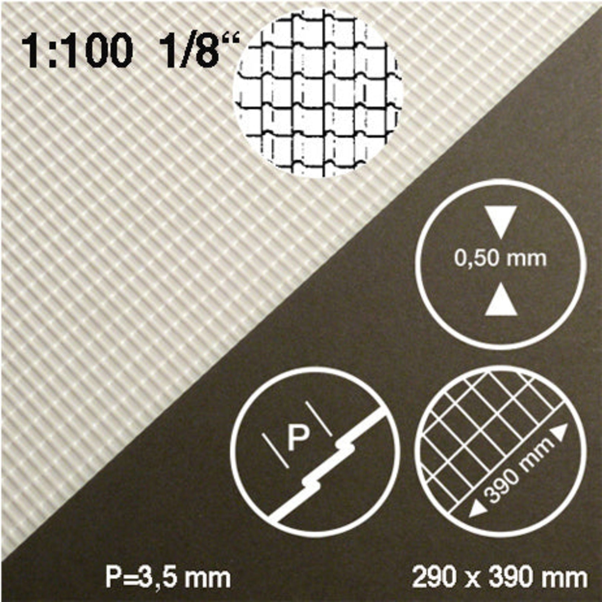 SCZ28-40051-1 [file:SCZ28-40051-1-1.jpg] Roof Tile Sheet White 1:100 0.5 x 290 x 390mm Standard Tiles H = 3.5mm