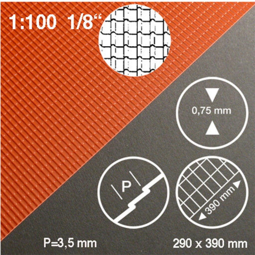 SCZ28-40052-1-1 [file:SCZ28-40052-1-1.jpg] Roof Tile Sheet Red 1:100 0.5 x 290 x 390mm Standard Tiles H = 3.5mm