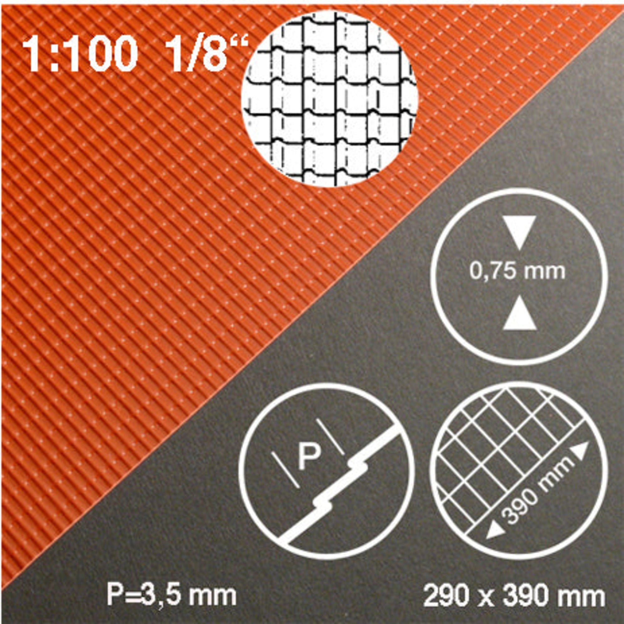 SCZ28-40052-1 [file:SCZ28-40052-1-1.jpg] Roof Tile Sheet Red 1:100 0.5 x 290 x 390mm Standard Tiles H = 3.5mm