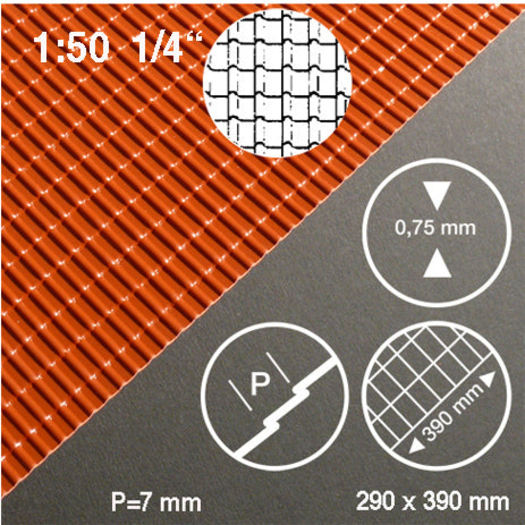 SCZ28-50052-1-1 [file:SCZ28-50052-1-1.jpg] Roof Tile Sheet Red 1:50 0.5 x 290 x 390mm Standard Tiles H = 70mm