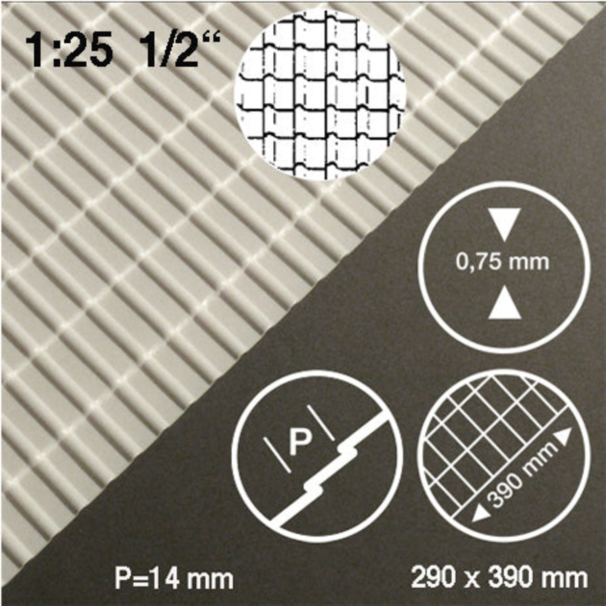 SCZ28-70051-1 [file:SCZ28-70051-1-1.jpg] Roof Tile Sheet White 1:25 0.5 x 290 x 390mm Standard Tiles H = 14mm