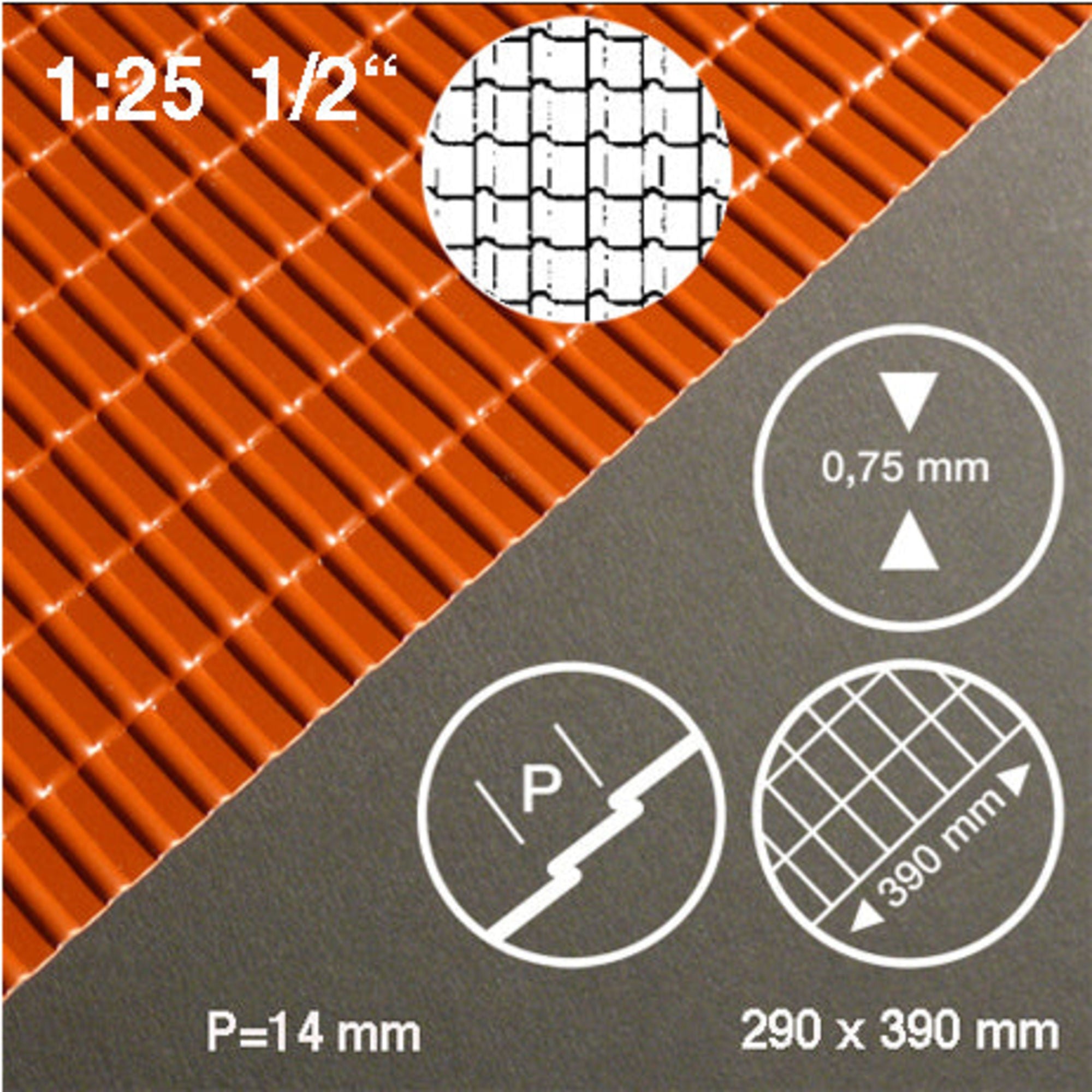 SCZ28-70052-1 [file:SCZ28-70052-1-1.jpg] Roof Tile Sheet Red 1:25 0.5 x 290 x 390mm Standard Tiles H = 14mm
