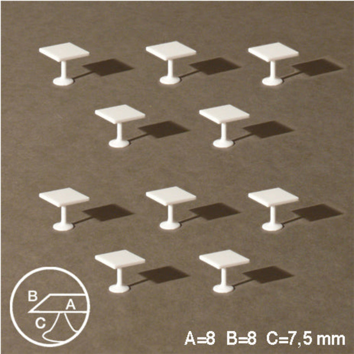 Square Tables (Central Leg), White, 1:100 H = 7.5mm 8 x 8mm (10 pcs)