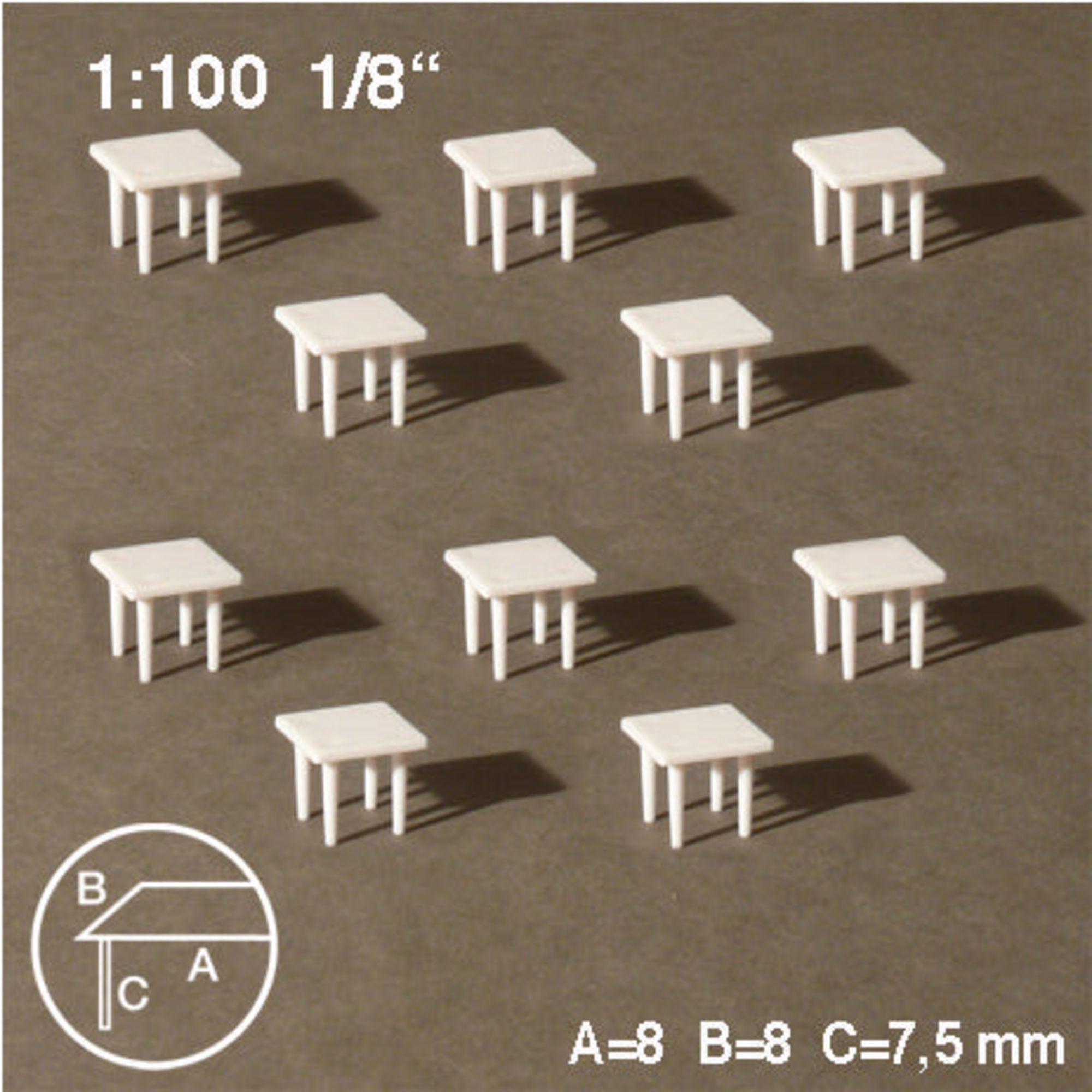 Square Tables, White, 1:100 H = 7.5mm 8 x 8mm (10 pcs)
