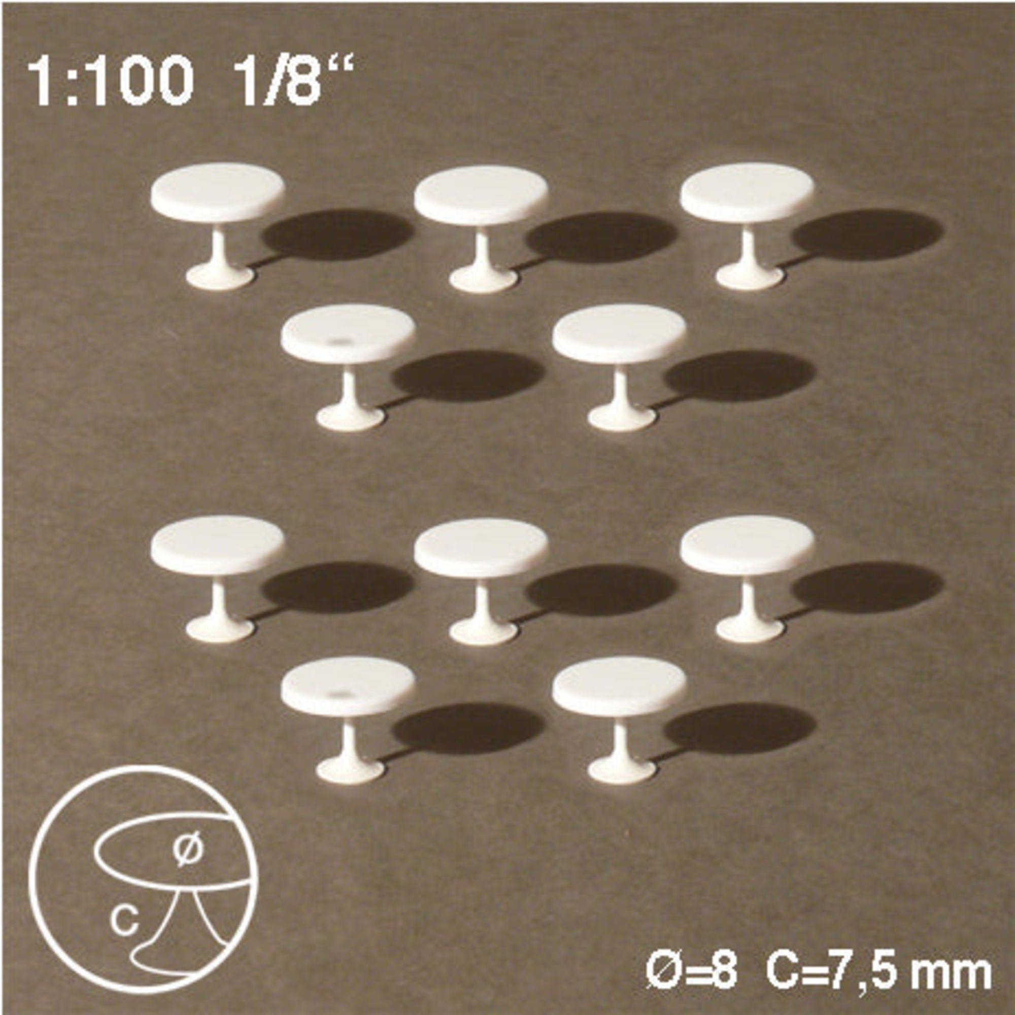Round Tables (Central Leg), White, 1:100 H = 7.5mm D = 8mm (10 pcs)