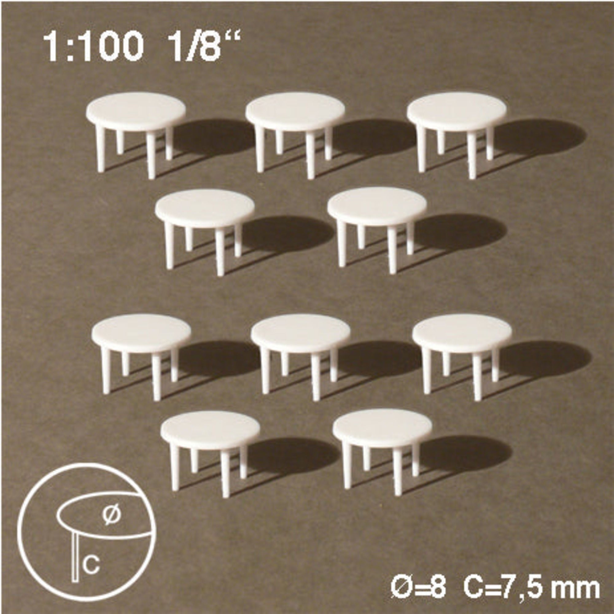 Round Tables, White, 1:100 H = 7.5mm D = 8mm (10 pcs)