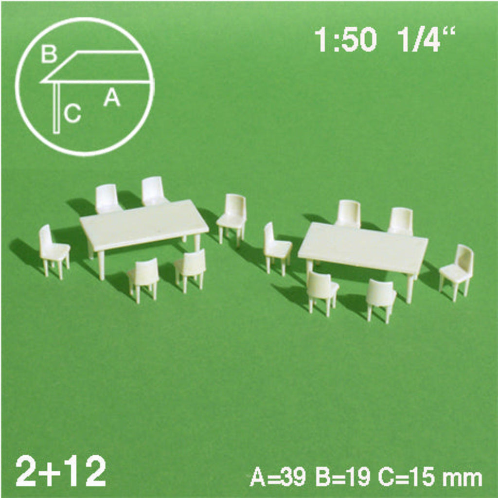SCZ55-50106-2-1 Tables + 12 Chairs White 1:50 H = 15mm 39 x 19mm (2 pcs)