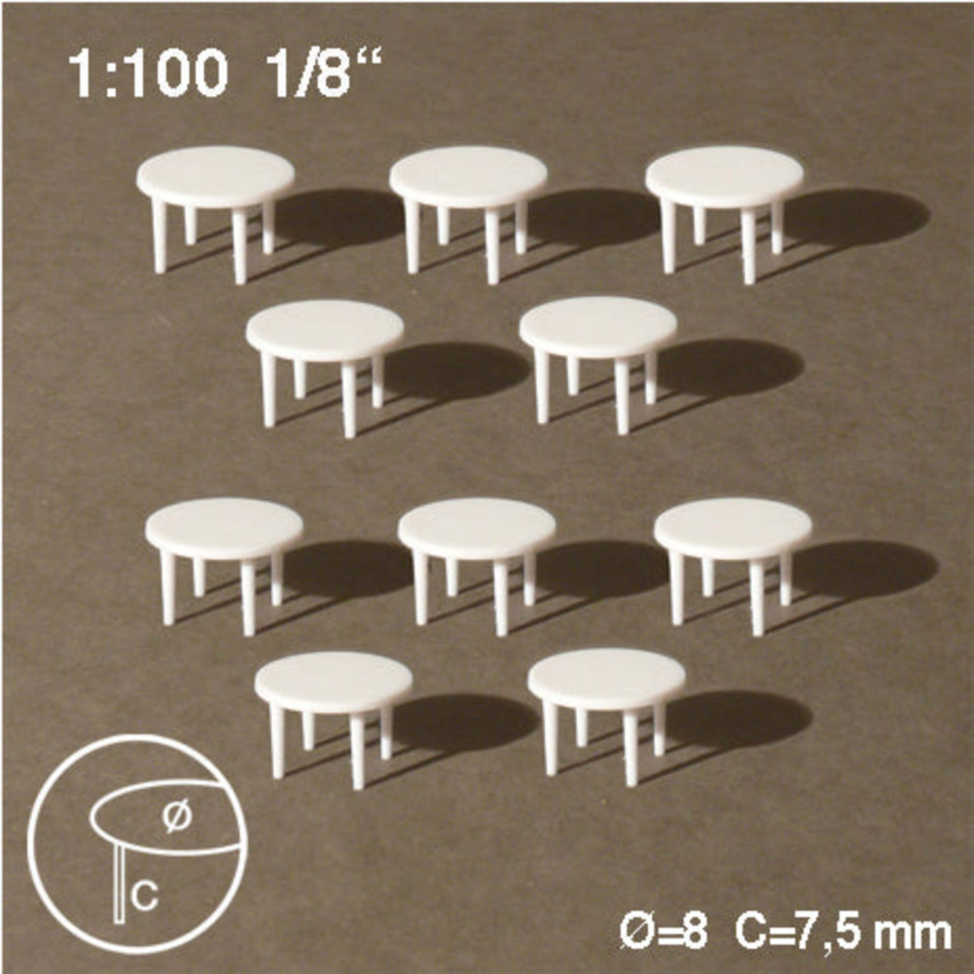 Round Tables White 1:100 H = 7.5mm D = 8mm (10 pcs)