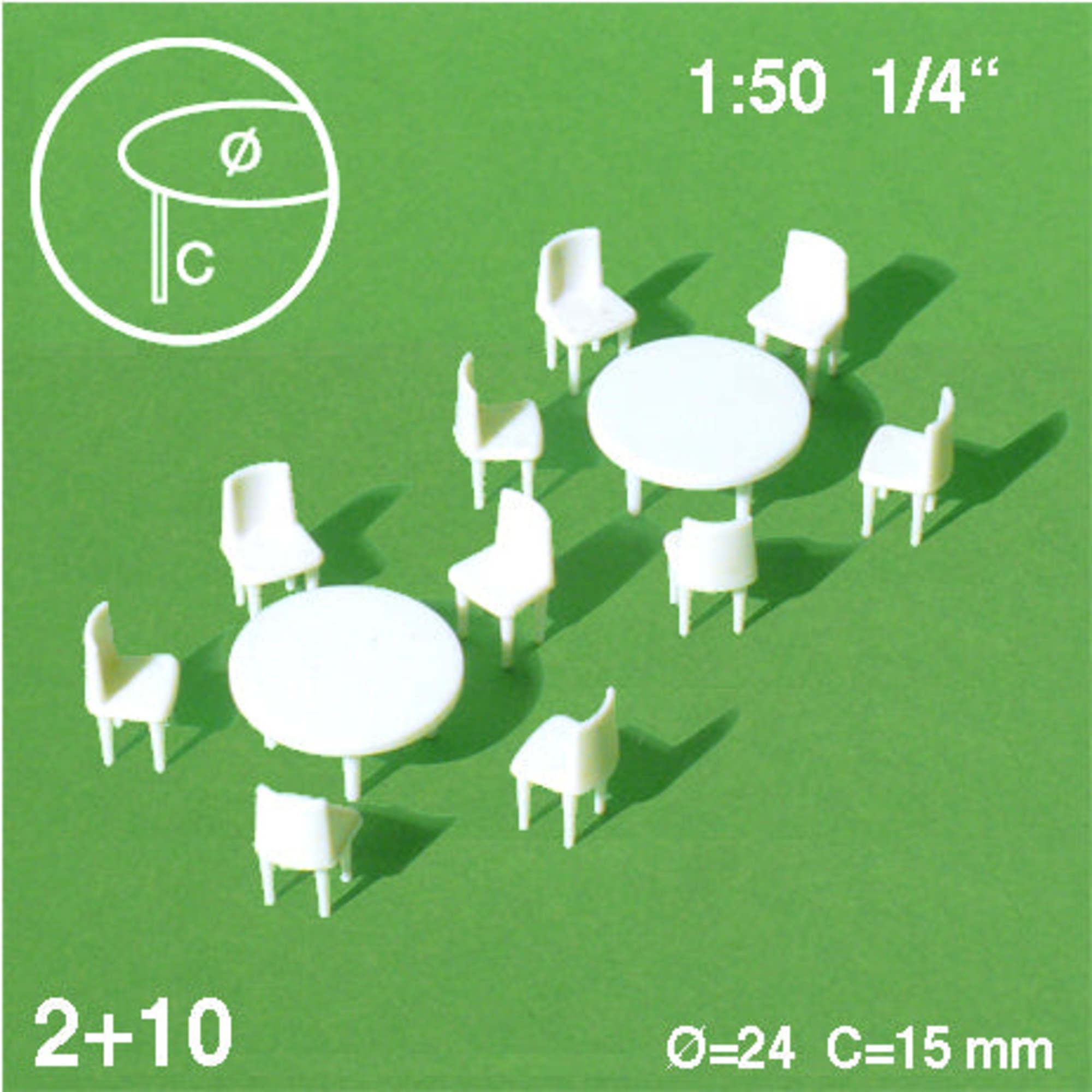 Round Tables + 10 Chairs White 1:50 H = 15mm D = 24mm (2 pcs)