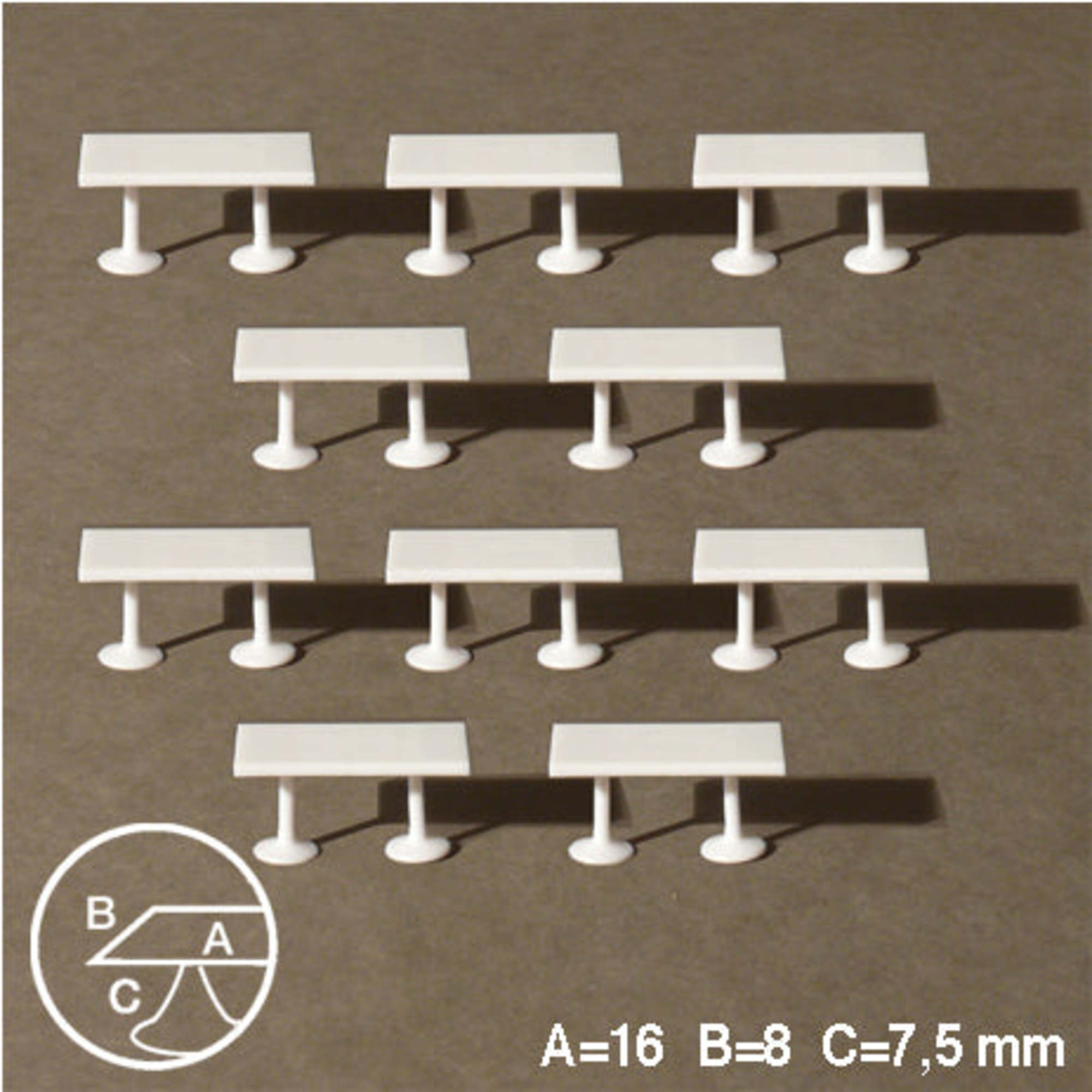 Rectangular Tables 2 Legs White 1:100 H = 7.5mm 16 x 8mm (10 pcs)