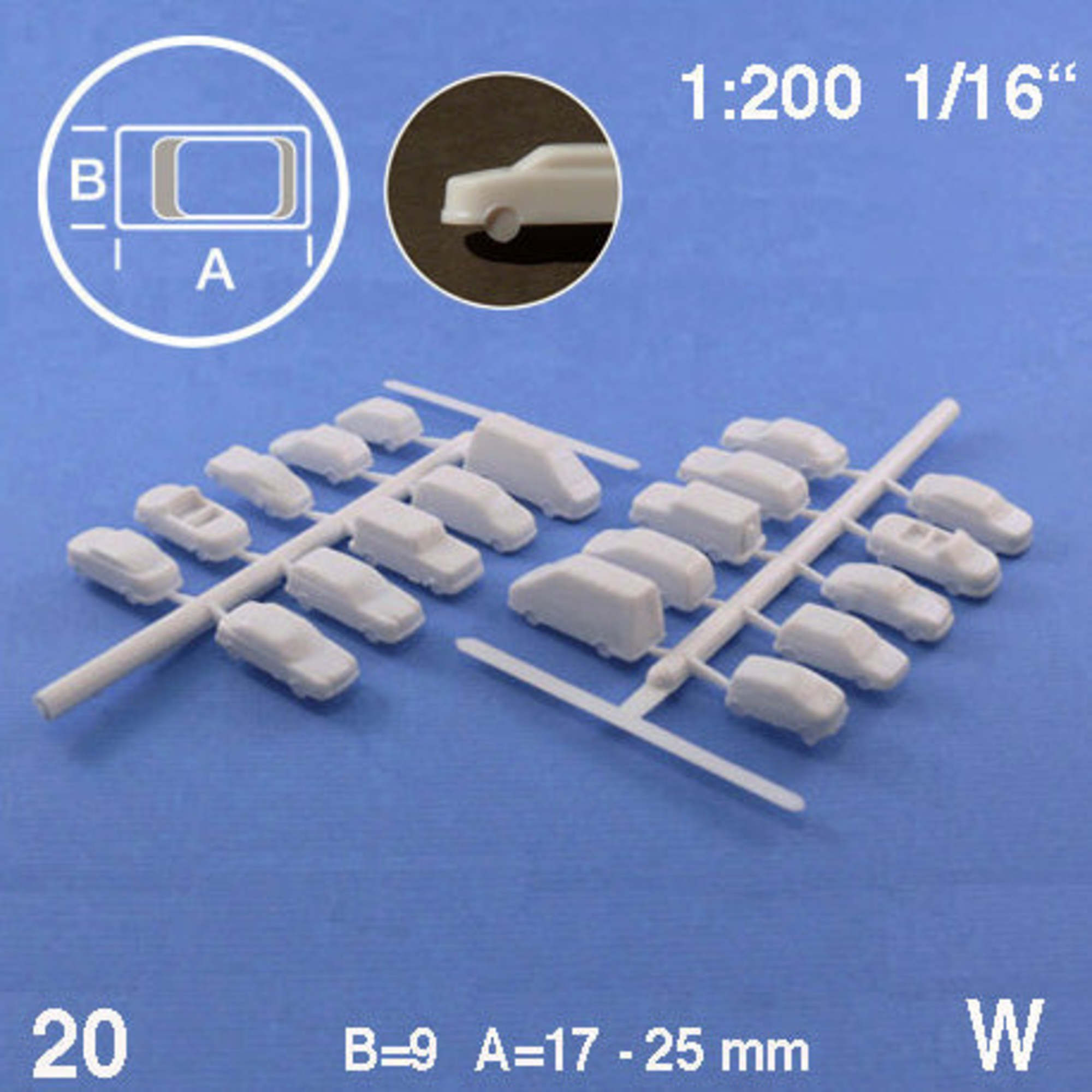 Cars Assorted 10 Types White 1:200 W = 9mm L = 17-25mm (20 pcs)