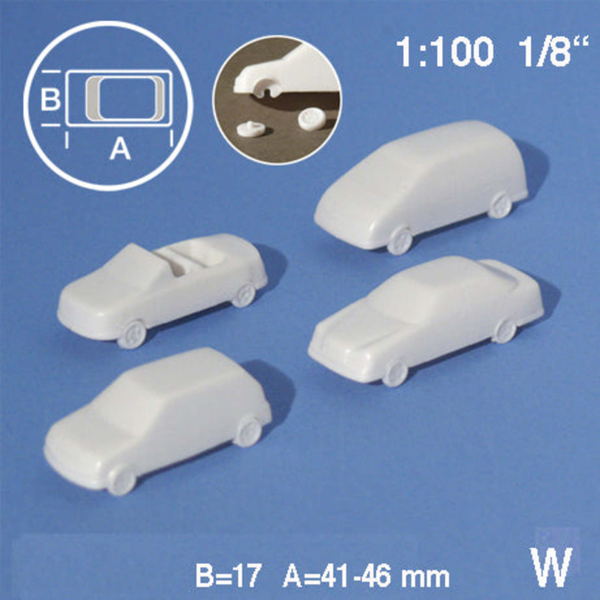 Cars 4 Types White 1:100 W = 17mm L = 41-46mm (4 pcs)