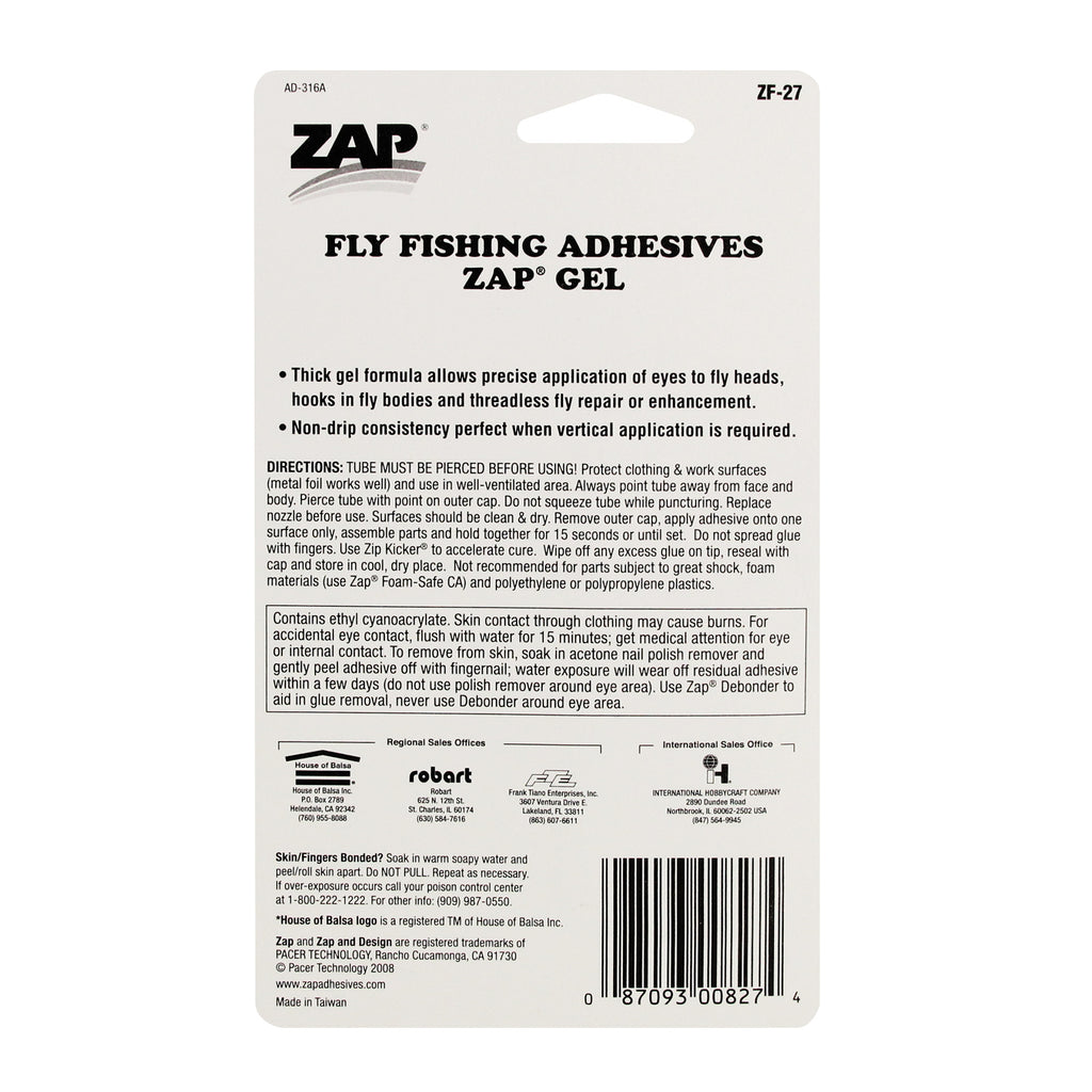 Fly Fishing Adhesives Zap Gel (0.10oz, 3g)
