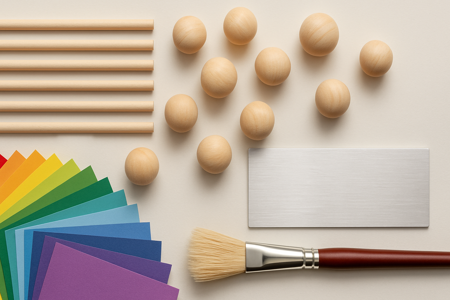 Coloured card, wooden sphere, beads, dowels, aluminium sheet materials and paint brushes