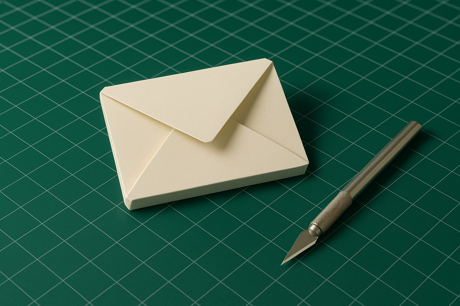 White paper cutout of an envelope on a green cutting mat with a knife.