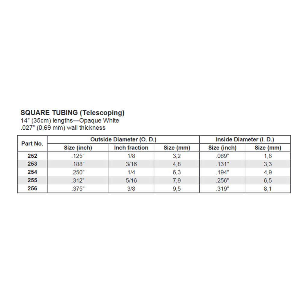 14in (~35cm) Square Tube .125in (18in) (~3.2mm) (3 per pack)